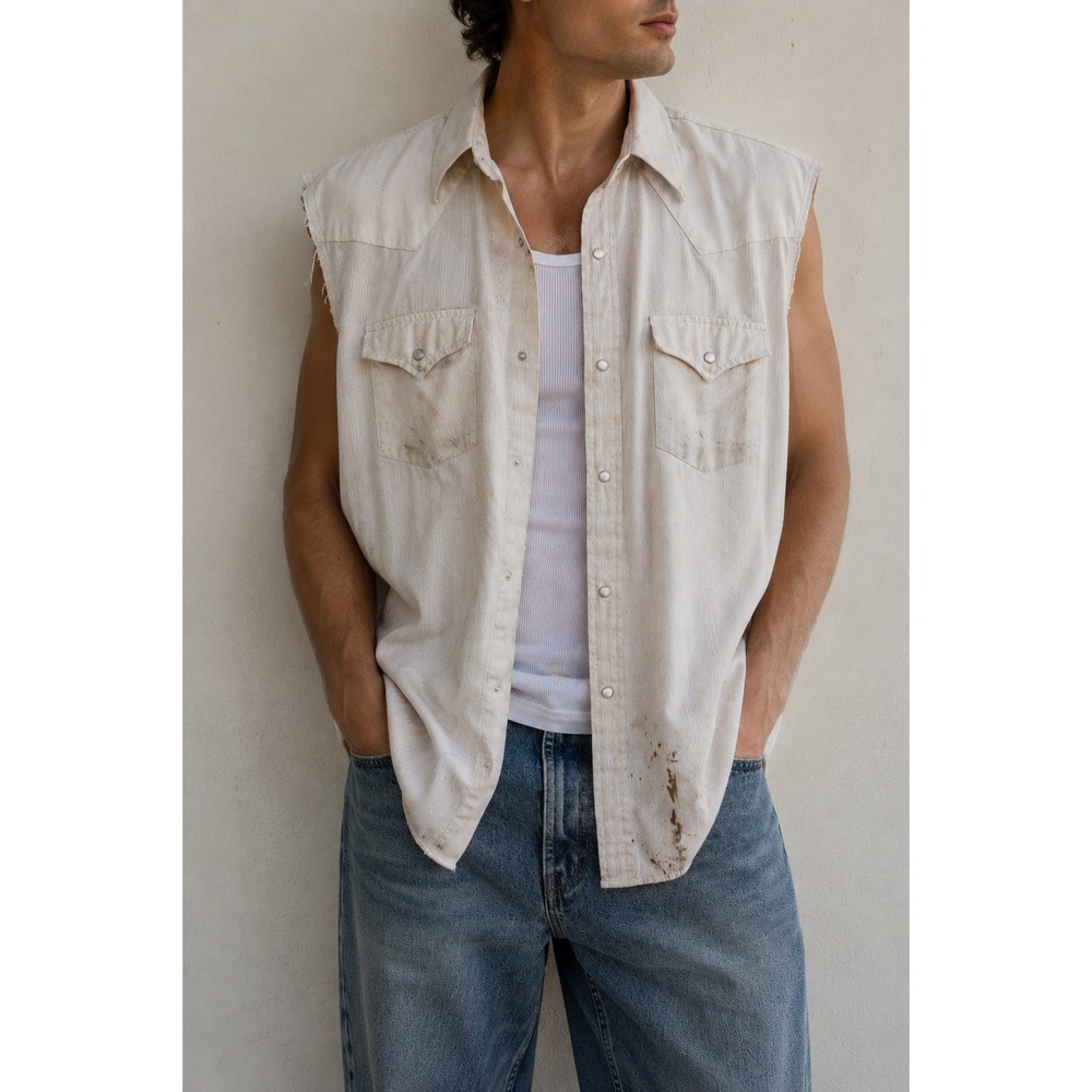 Ely Cattleman XL Pearl Snap Western Shirt Sleeveless Distressed Grunge CowboyVTG